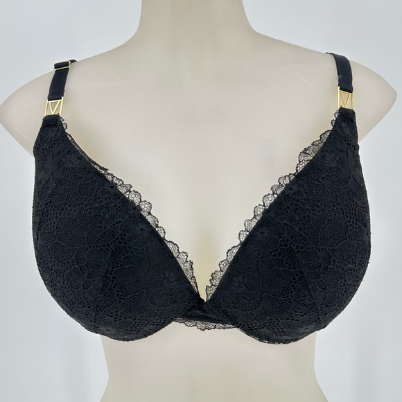 Victoria's Secret Other - Victoria’s Secret Black Lace Gold Logo Very Sexy Uplift Plunge Sz 34DDD